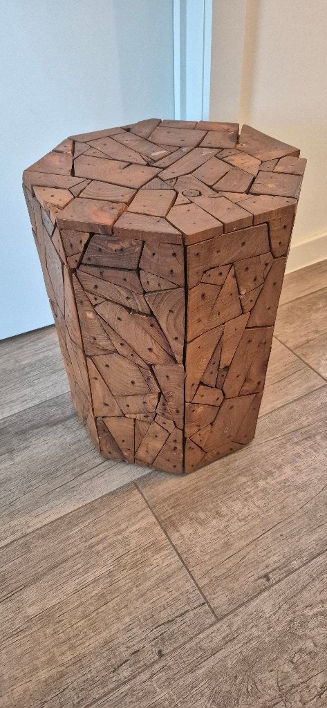 Prachtig handgemaakte houten mozaïek tafel of kruk, Ophalen, Gebruikt