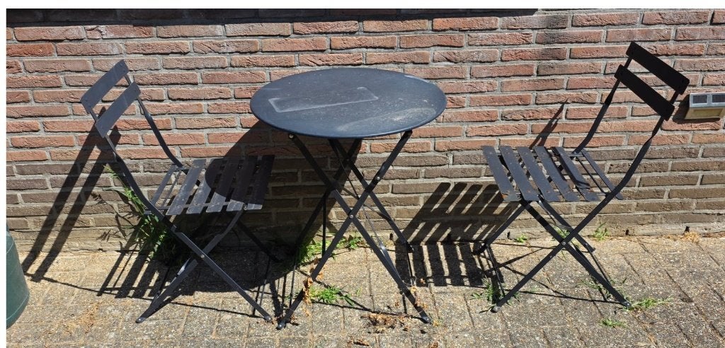 table et 2 chaises de jardin à restaurer, Enlèvement, Utilisé, Métal, Pliant