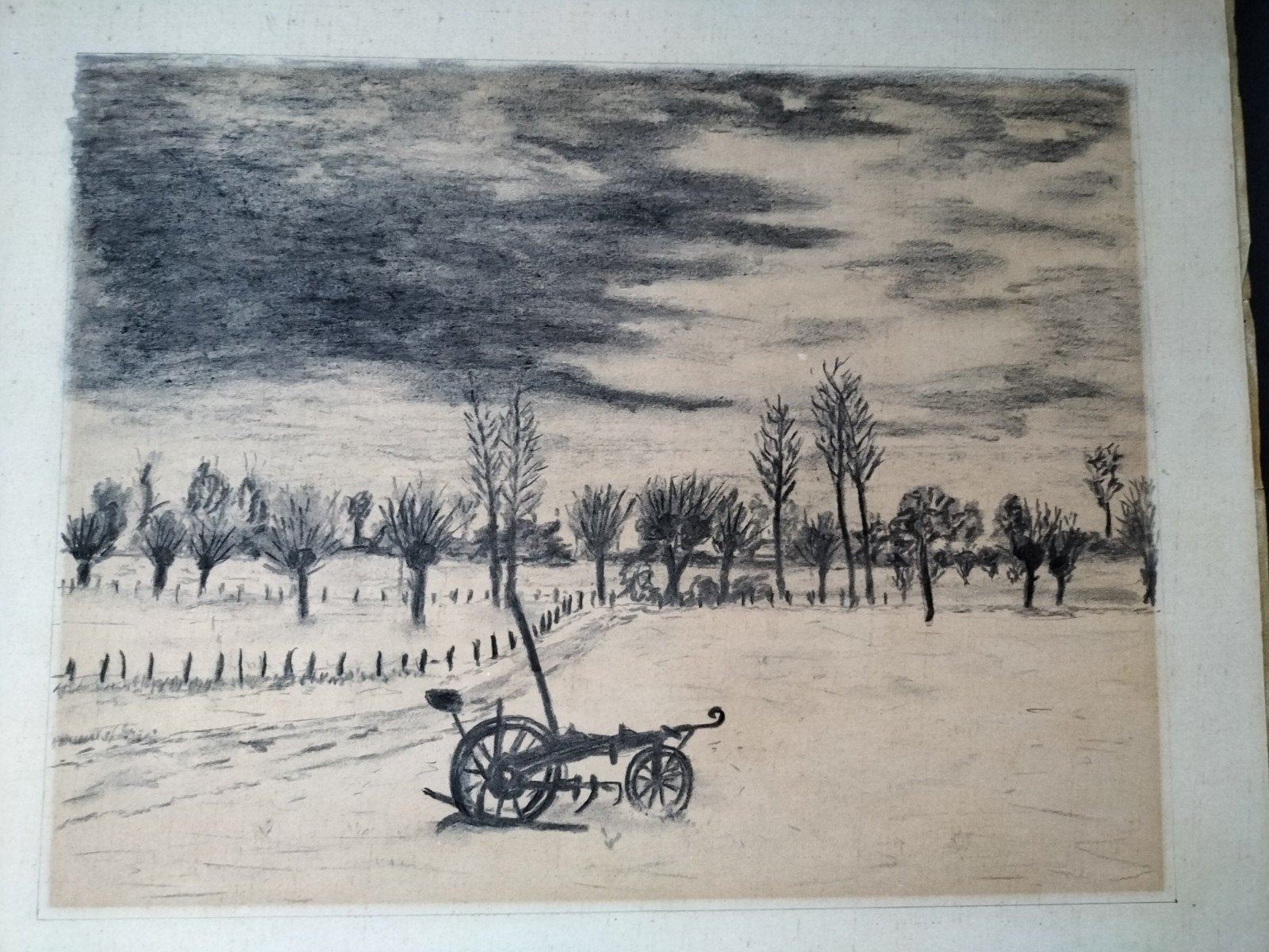 Oude houtskooltekening landbouwtafereel – 51 x 40 cm, Antiquités & Art, Art | Dessins & Photographie, Enlèvement, Photo, Dessin au fusain