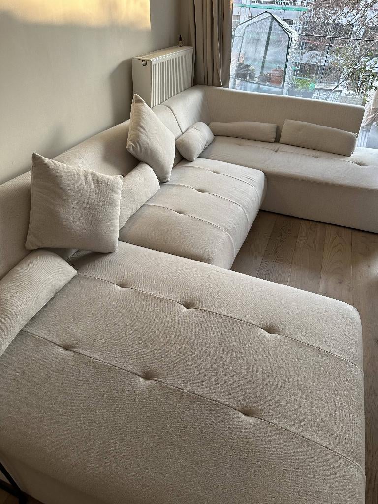 Canapé d'angle panoramique — Tissu beige — Excellent état, Maison & Meubles, Enlèvement, Utilisé, Tissus, Tissu beige, en U