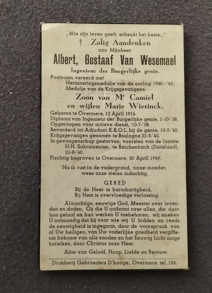 Slachtoffer WO II - soldaat Overmere - krijgsgevangene '40, Verzamelen, Bidprentjes en Rouwkaarten, Verzenden, Bidprentje