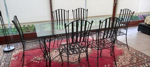 Table en verre et fer forgé + 6 chaises, Ophalen, Gebruikt, Glas, Vijf personen of meer