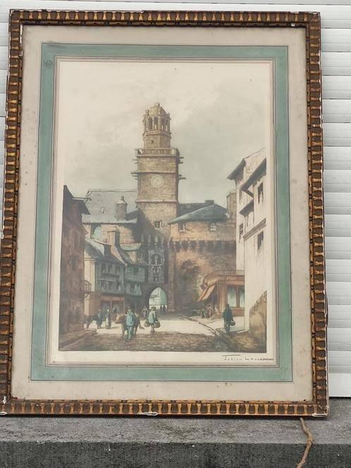 eau forte vue d un beffroi signe julien lacaze, Antiek en Kunst, Kunst | Etsen en Gravures, Lithografie, Ophalen of Verzenden