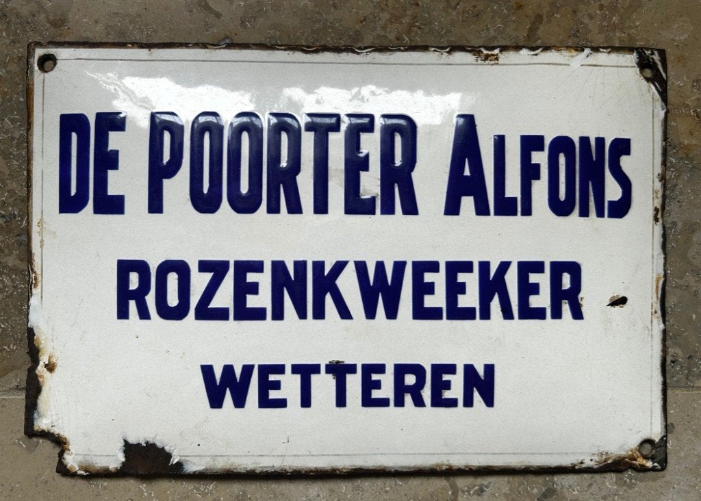 Naambord, emaille, De Poorter Alfons, Rozenkweker Wetteren, Verzamelen, Ophalen of Verzenden, Gebruikt, Overige typen