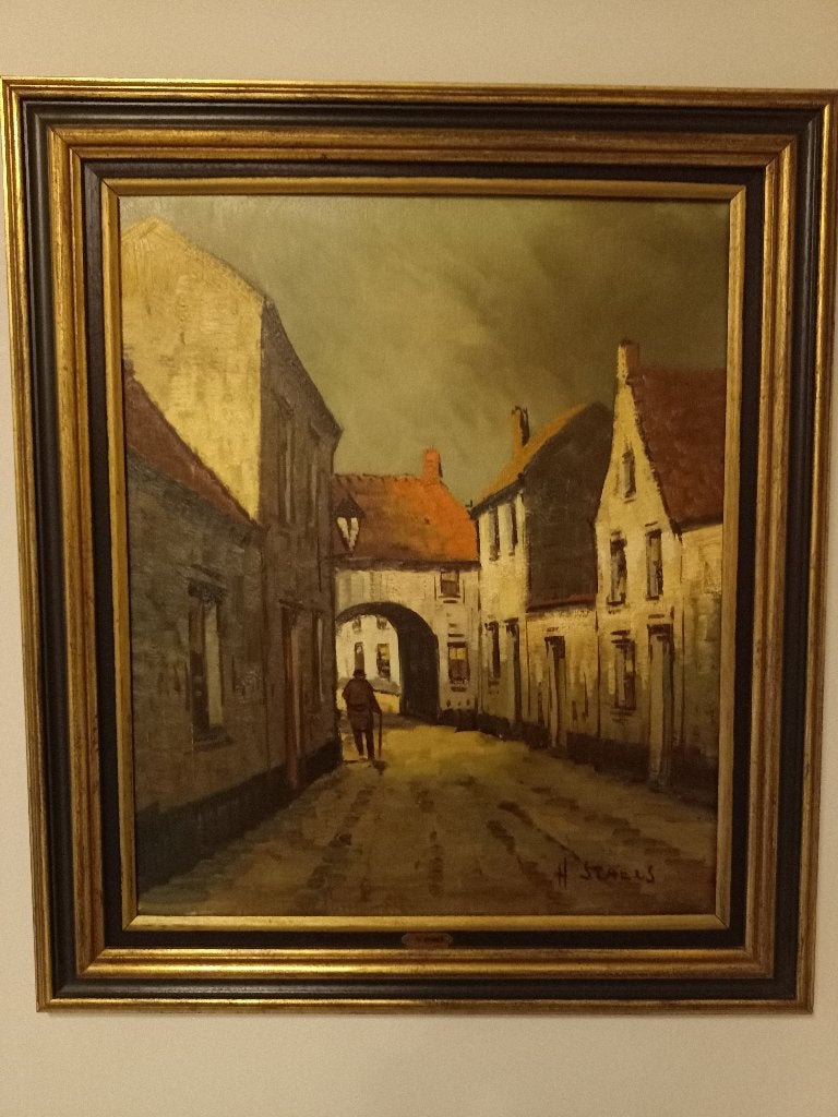 Peinture du béguinage de Bruges 67x77cm, Peinture à l'huile, Enlèvement, Paysage urbain / rural, Encadré