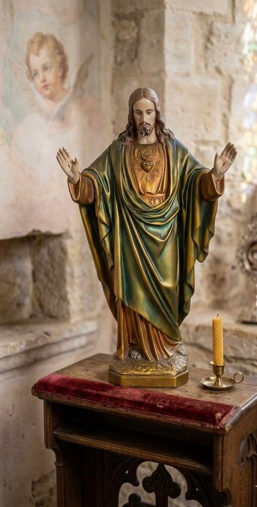 Rare statue antique du Sacré-Cœur de Juzes (vers 1920), Antiquités & Art, Antiquités | Objets religieux, Envoi
