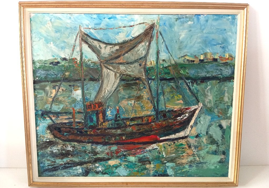 VISSERSBOOT SCHILDERIJ 1967 ( HUBERT DE VRIES ? ), Antiek en Kunst, Ophalen of Verzenden