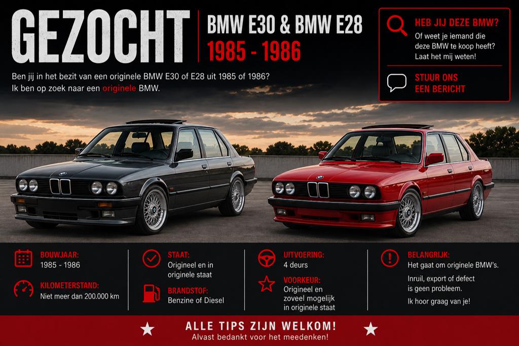 Gezocht: BMW E30/E28, Hobby en Vrije tijd, Modelbouw | Auto's en Voertuigen, Ophalen, Zo goed als nieuw, Auto