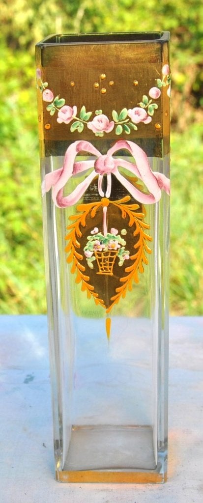 vase carré en verre décor art nouveau rehaut d'or, Ophalen of Verzenden
