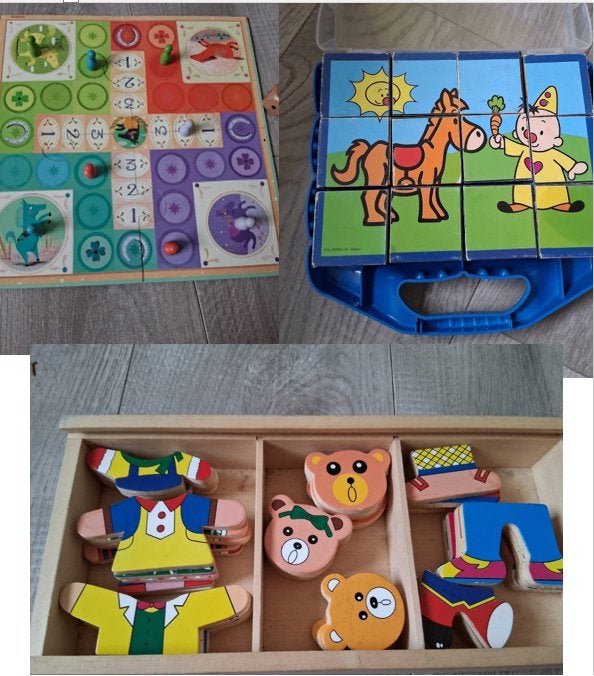 pakket houten kinderspeelgoed: Djeco bordspel en 2x puzzel, Ophalen, 2 tot 4 jaar, Gebruikt, 10 tot 50 stukjes