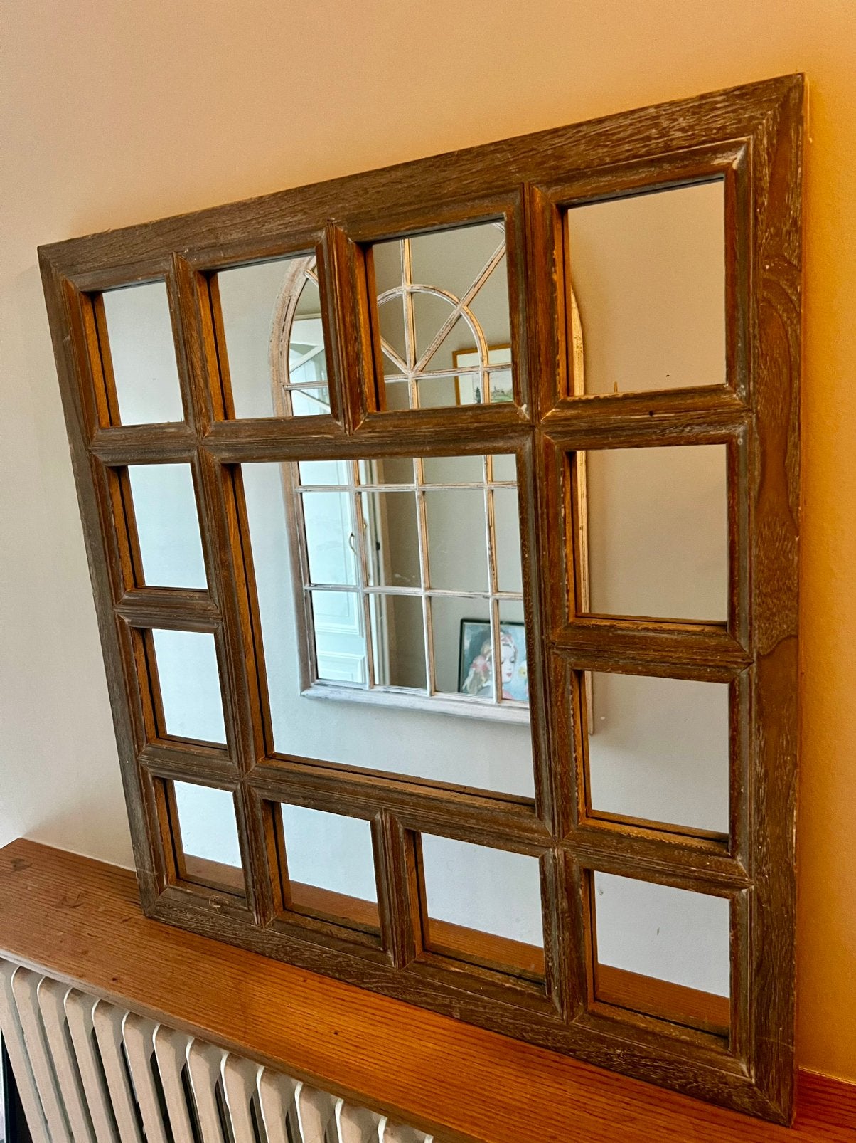 Grote houten spiegel in raamstijl 100x100cm, Ophalen, Rond, 100 tot 150 cm, 100 tot 150 cm