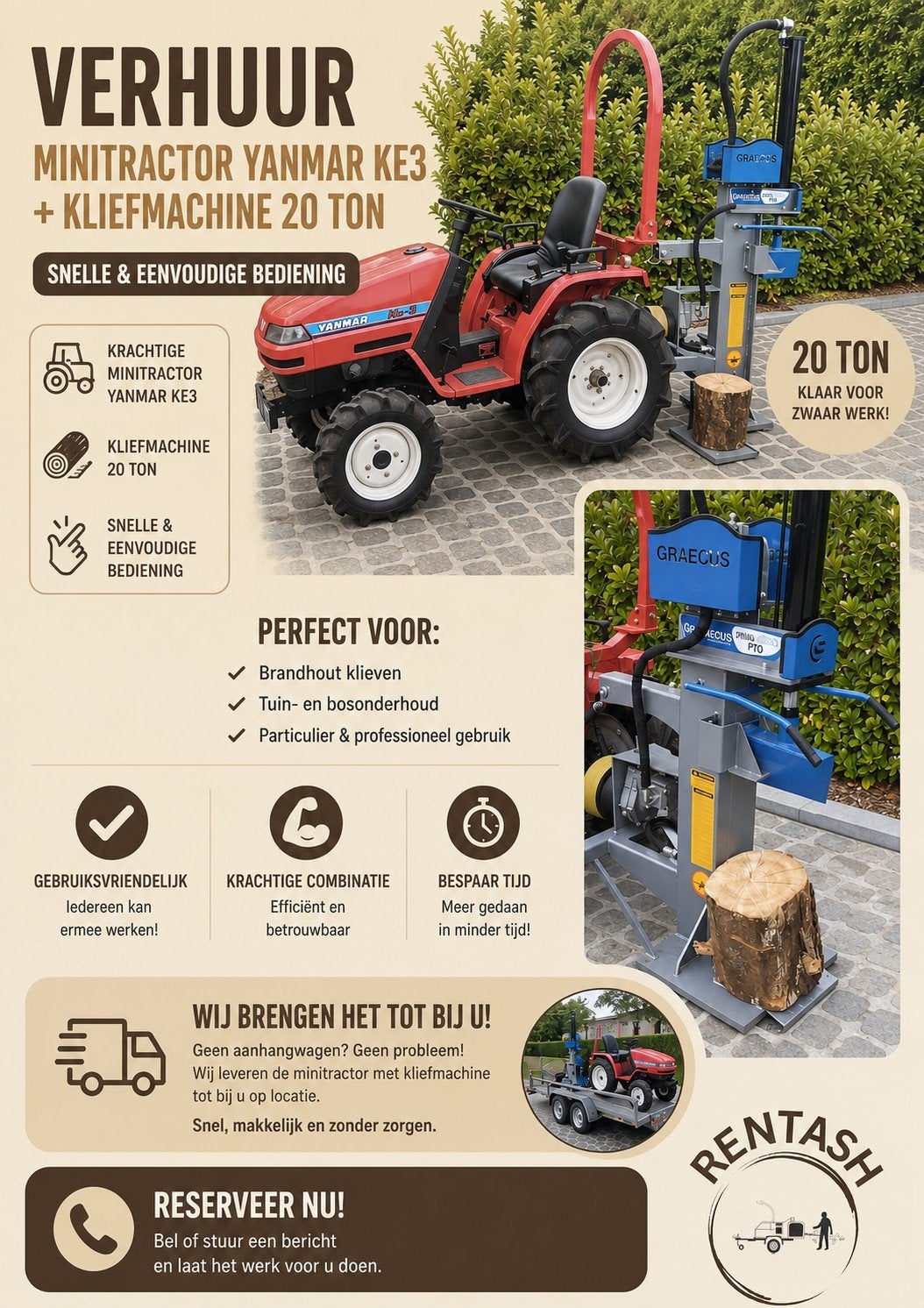 TE HUUR MINITRACTOR MET KLIEFMACHINE, Tuin en Terras, Ophalen