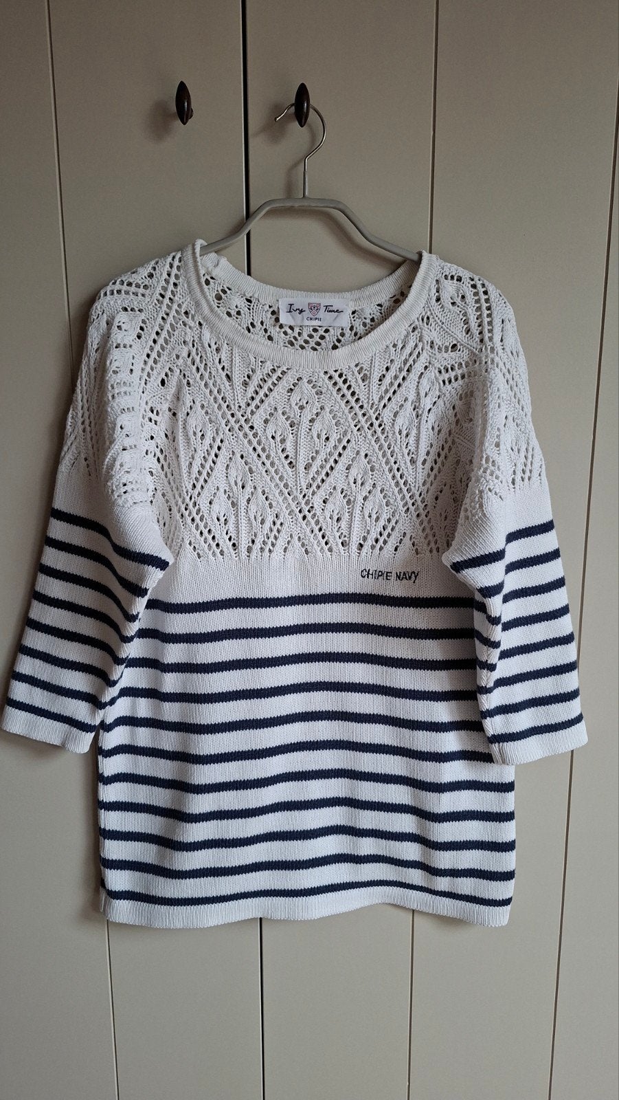 Vintage 80's Chipie Navy trui met romantisch ajourpatroon, Ophalen of Verzenden