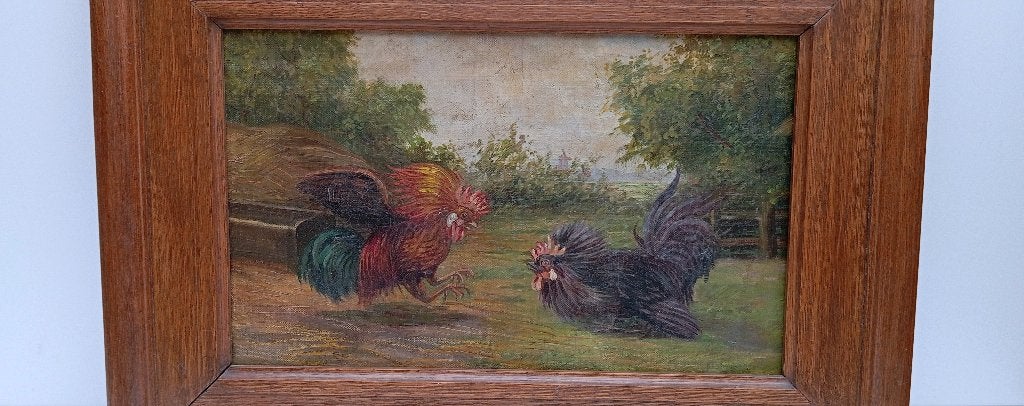 WILLEM KORTELING (1889-1964) SCHILDERIJ HANEN, Antiek en Kunst, Doek, Dieren, Ophalen of Verzenden, Olieverf