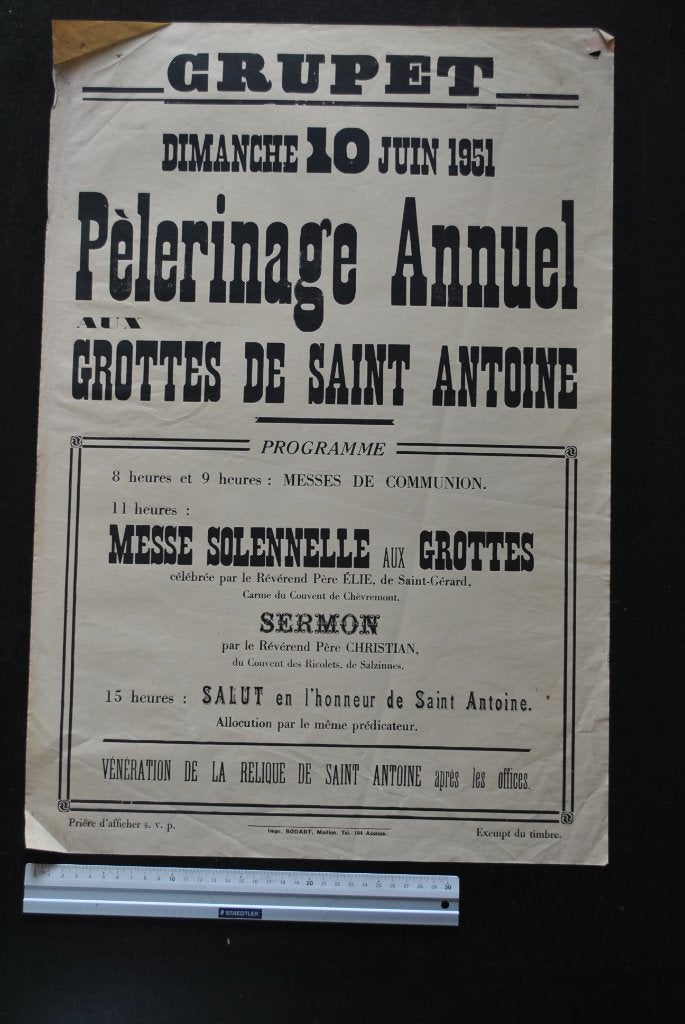 AFFICHE 1951 CRUPET PELERINAGE AUX GROTTES DE SAINT ANTOINE, Collections, Enlèvement ou Envoi, Utilisé