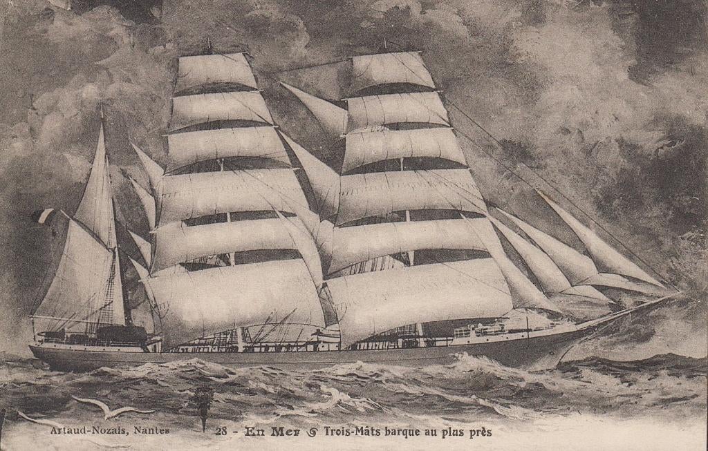 1914 - FRANCE - En mer : Trois-Mats barque au plus près, Envoi, Avant 1920, Affranchie, Véhicule