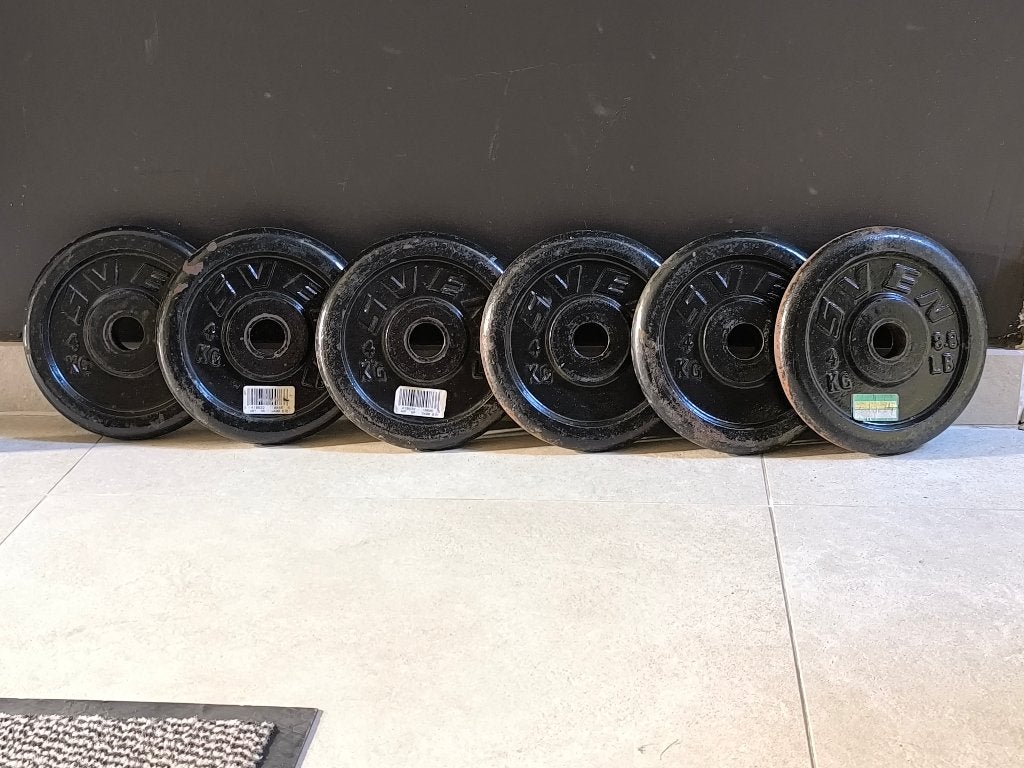 6 x 4kg plaques de musculation de SVEN (30mm)., Sports & Fitness, Équipement de fitness, Enlèvement, Utilisé, Bras, Plaques d'haltères