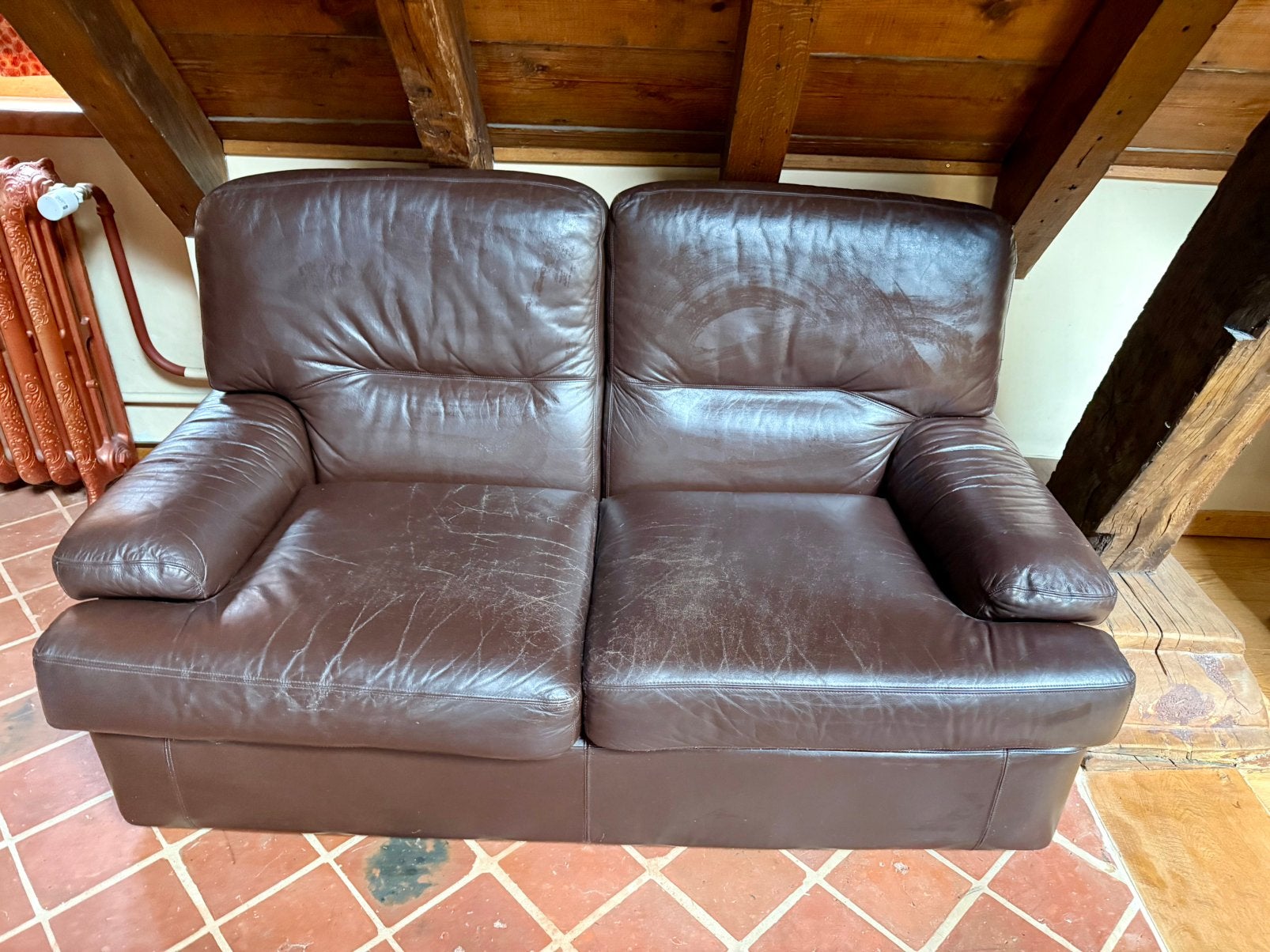 Bruine leten zetel 2-zit, Huis en Inrichting, Ophalen, Gebruikt, Vintage neutraal, 150 tot 200 cm