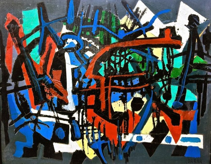 Collage met olieverf van Jan Darna, Antiek en Kunst, Ophalen