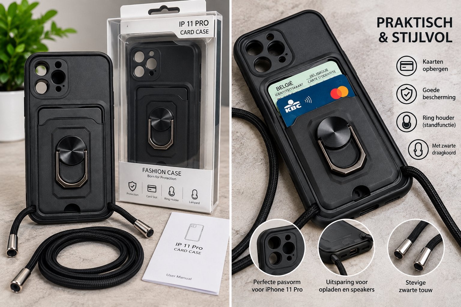 iPhone 11 Pro Hoesje met Kaartvak & Draagkoord, Ophalen of Verzenden, Nieuw, IPhone 11, Zwart