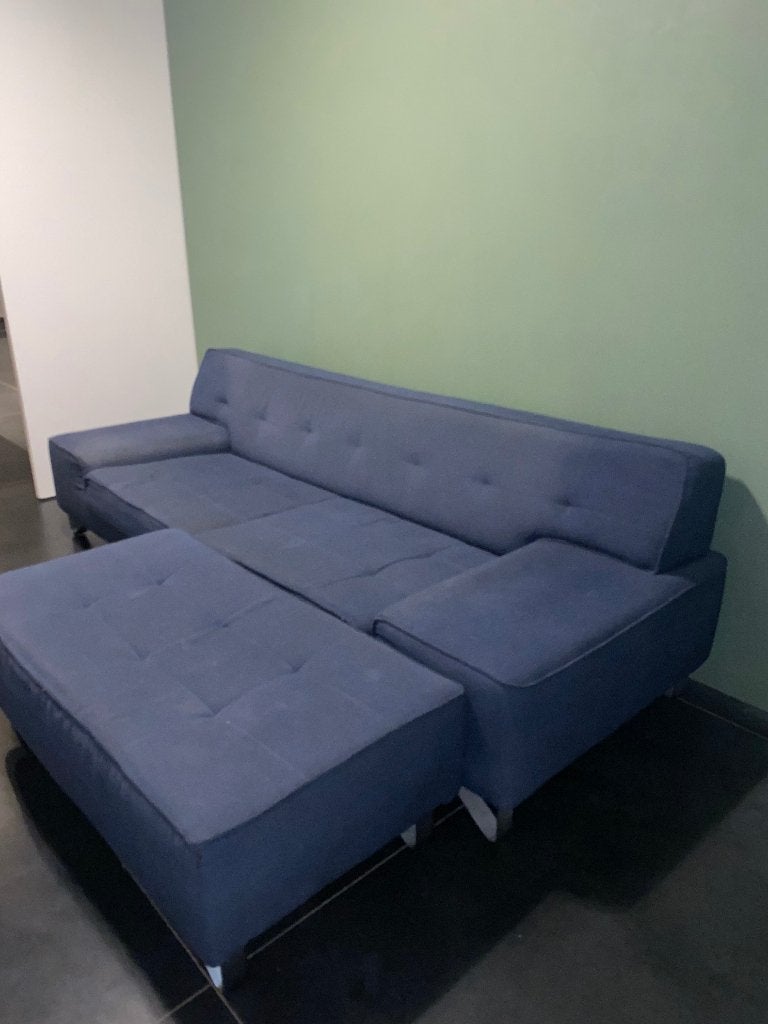 Blauwe driezit met poef, Ophalen, Gebruikt, Driepersoons, 75 tot 100 cm