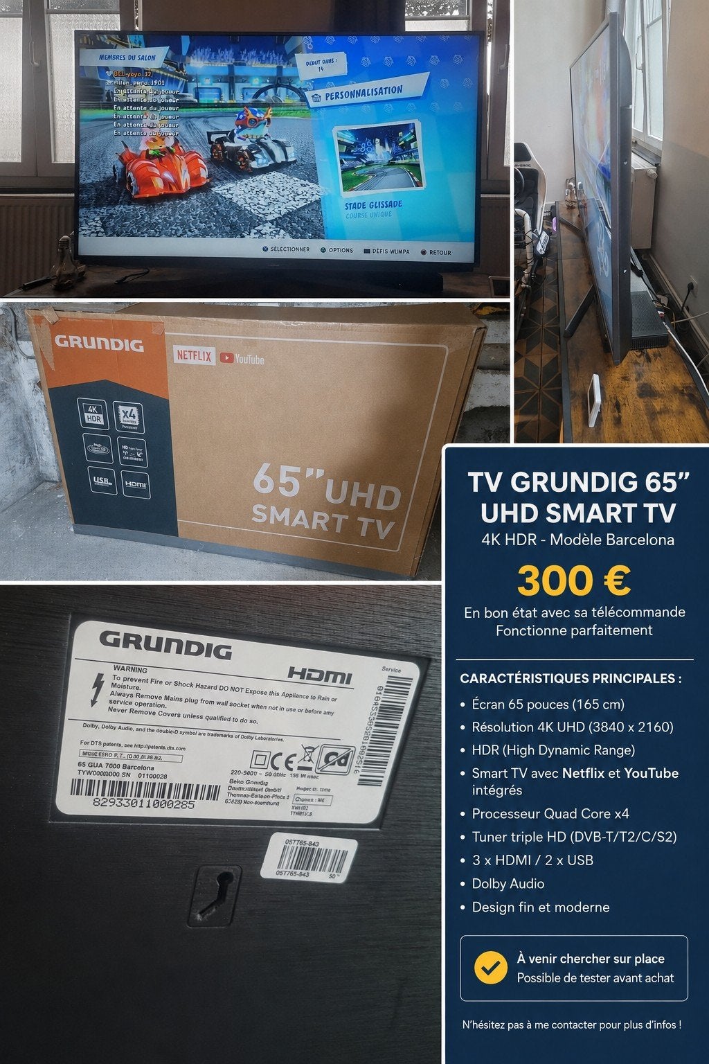 TV GRUNDIG 65’́ Smart TV, TV, Hi-fi & Vidéo, Télévisions, Enlèvement