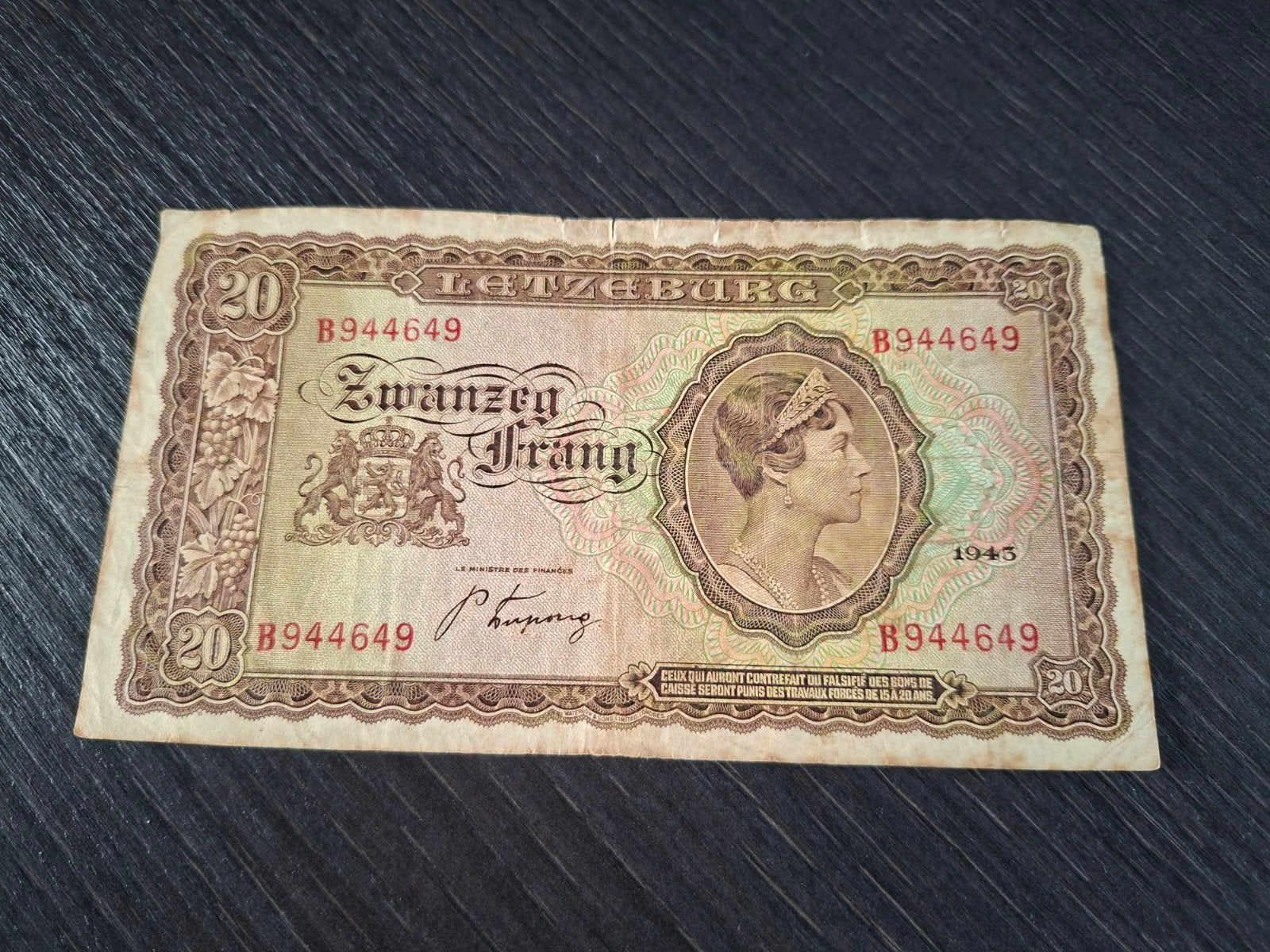Bankbiljet 20 francs Luxemburg 1943, Ophalen of Verzenden, Overige landen, Los biljet