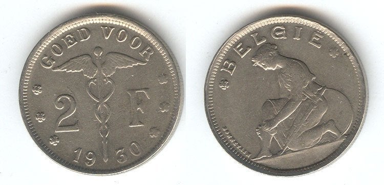 Belgique : 2 francs 1930 VL (plus rare) = morin 395, Envoi, Monnaie en vrac