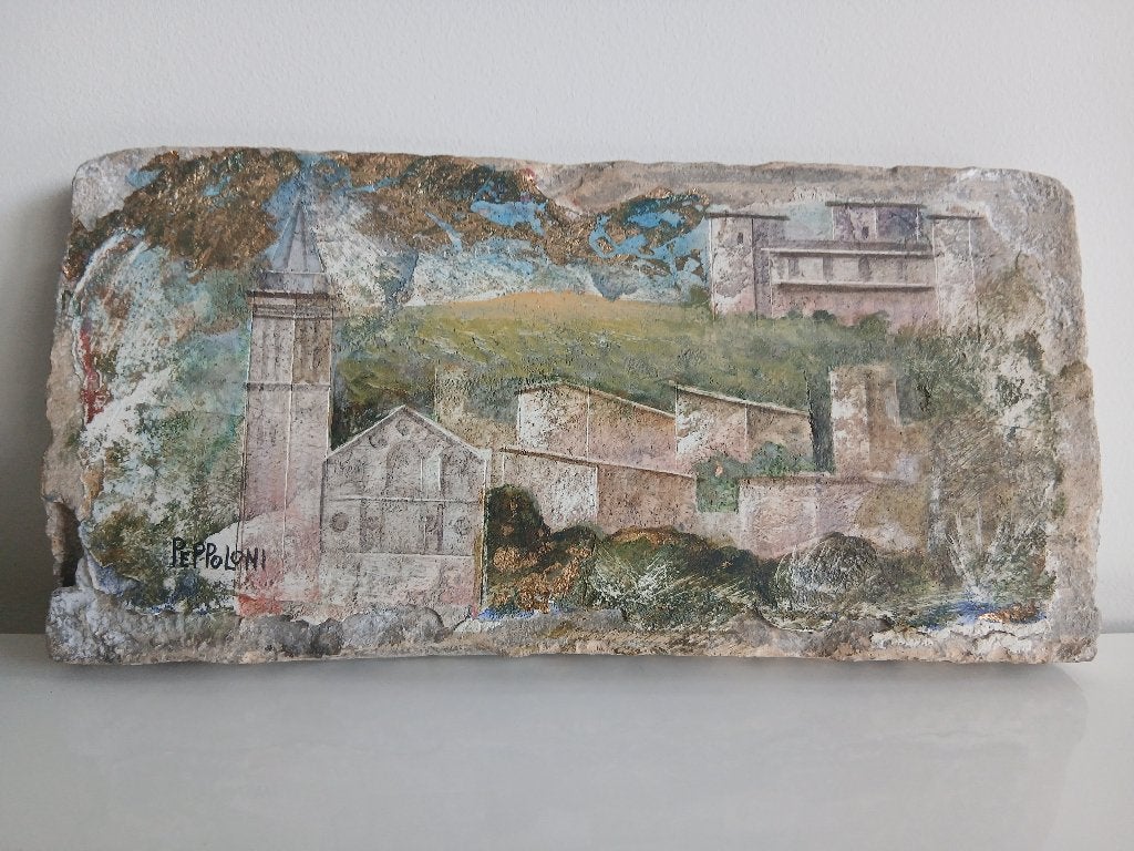 Peppeloni schilderij op steen met certificaat, Ophalen, Gesigneerd, Stads- / dorpsgezicht, Overige technieken