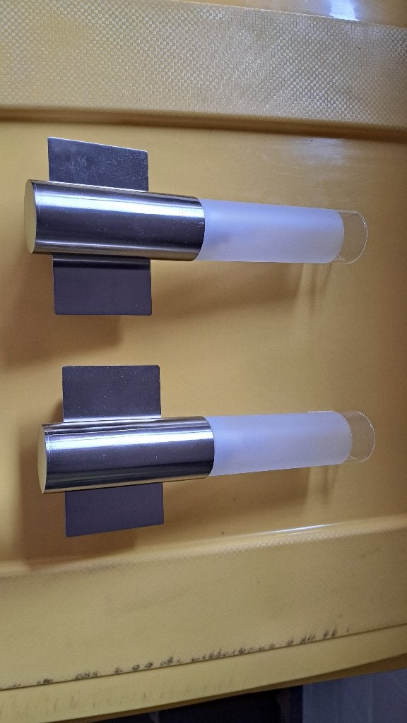 2x Wandverlichting inox met glazen koker, Argenté, Verre, Applique murale, Comme neuf