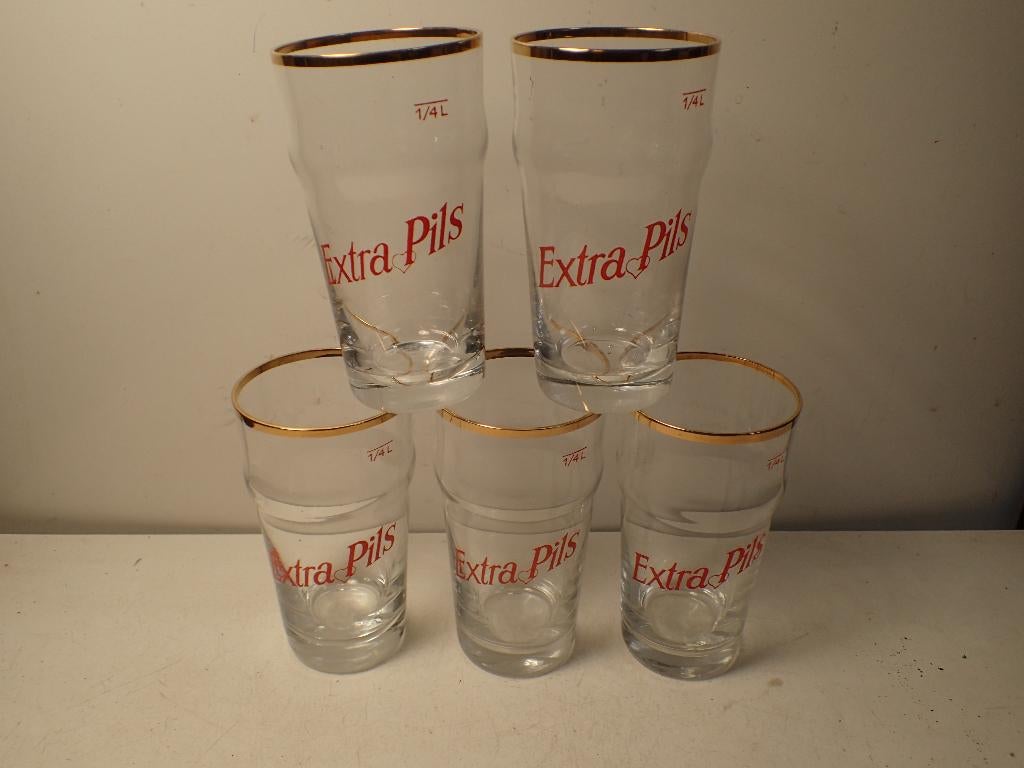 5 oude bierglazen extra Pils Piedboeuf Jupille, Ophalen of Verzenden, Zo goed als nieuw, Glas of Glazen, Overige merken