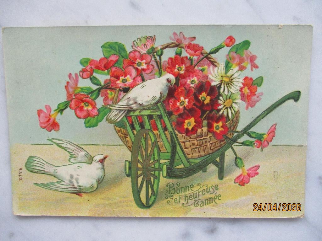 kar met bloemen in mand  duiven 1910, Verzenden, Voor 1920, Gelopen, Feest(dag)