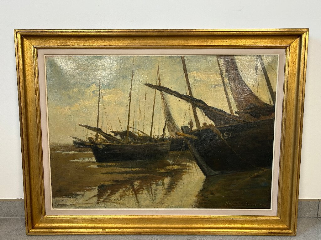 Huile sur toile d'Henri Berchmans de 1900 - Marée basse, Antiquités & Art, Art | Peinture | Classique, Peinture à l'huile, Encadré