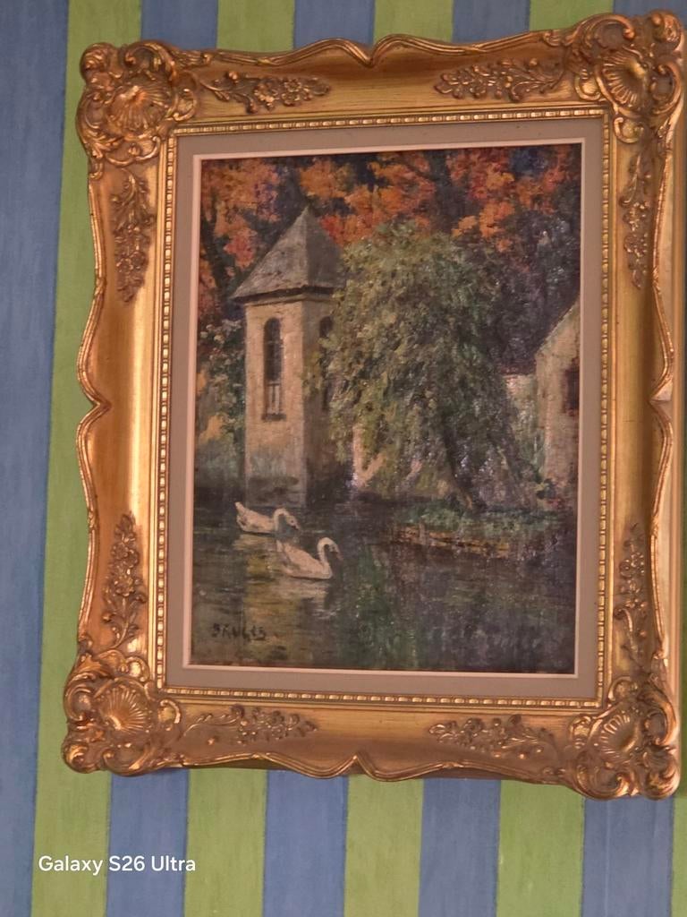 Schilderij met prachtige vergulde houten lijst, Antiek en Kunst, Ophalen