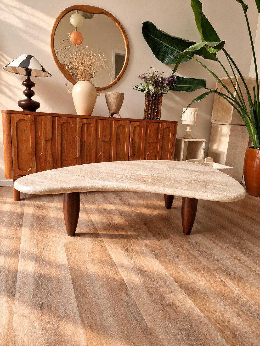 Vintage travertin salontafel met organisch gevormd blad, Enlèvement