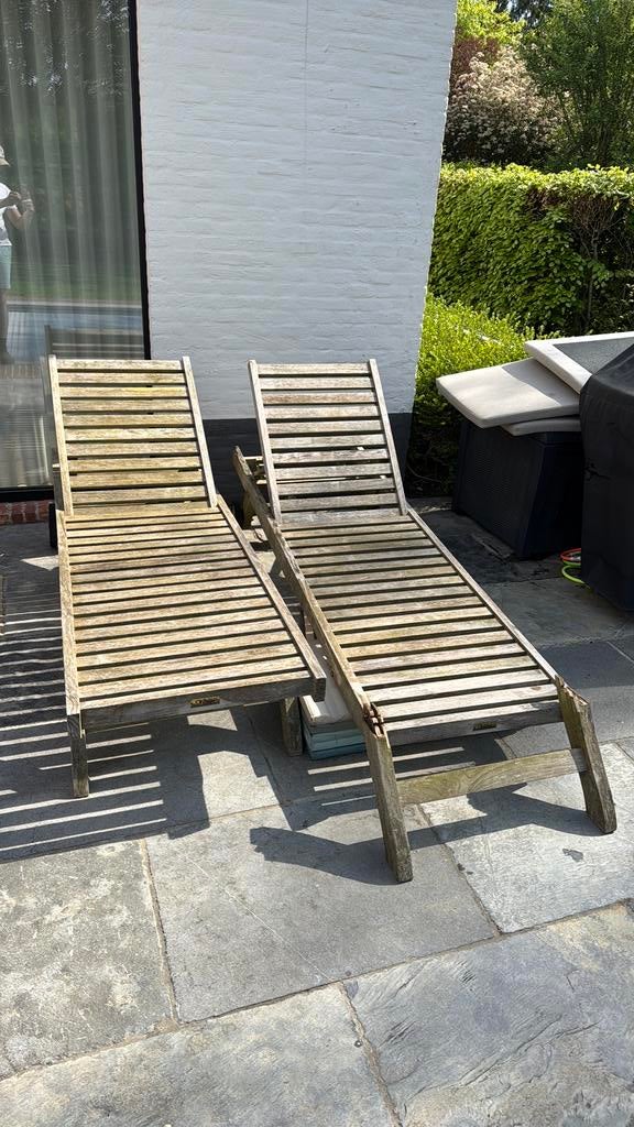 Teak ligbedden, Tuin en Terras, Ophalen, Gebruikt, Teakhout, Verrijdbaar