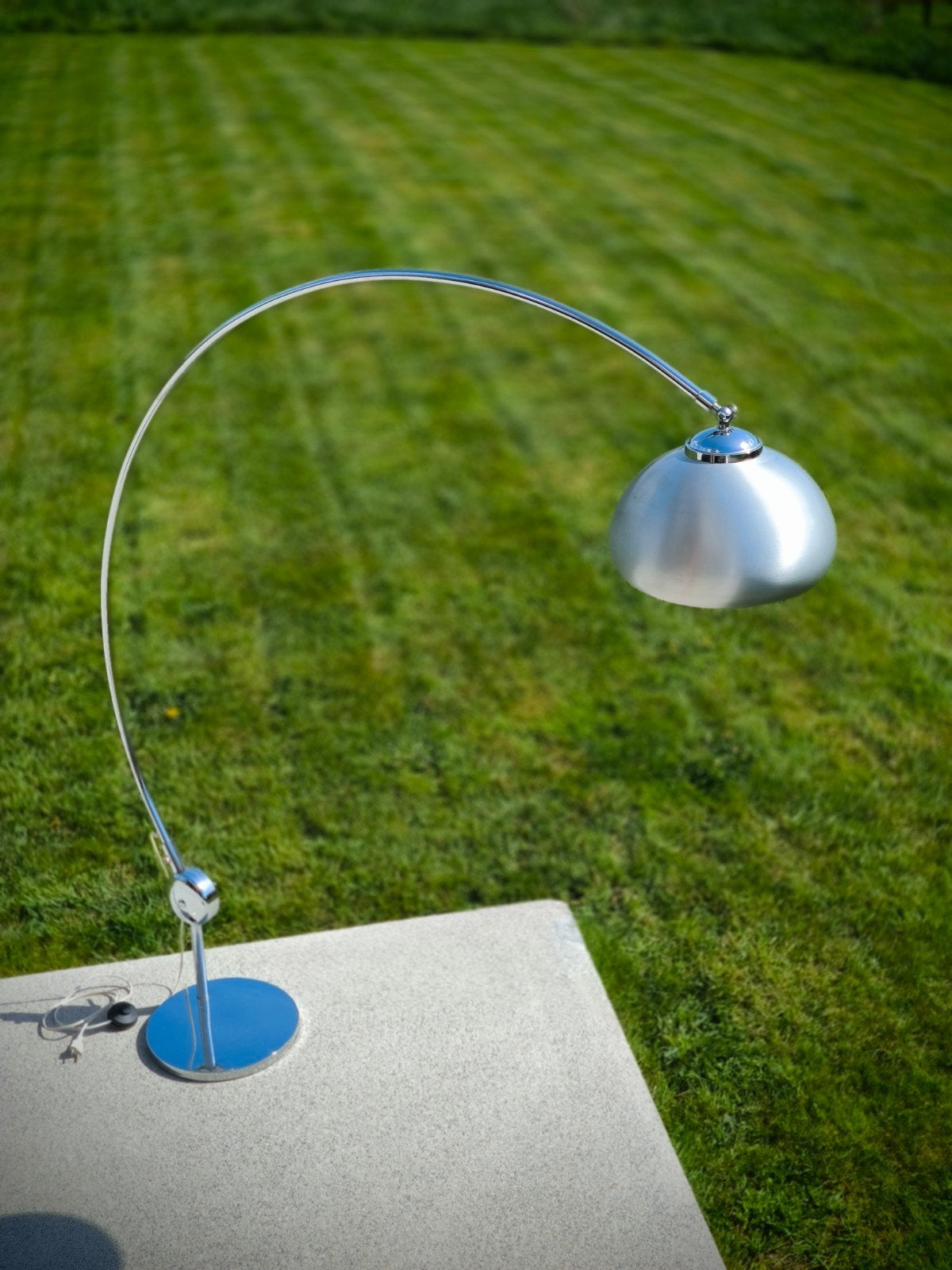 Arc vloerlamp op chromen standaard met geborsteld metalen k, Ophalen, Gebruikt, Vintage, E27 (groot)