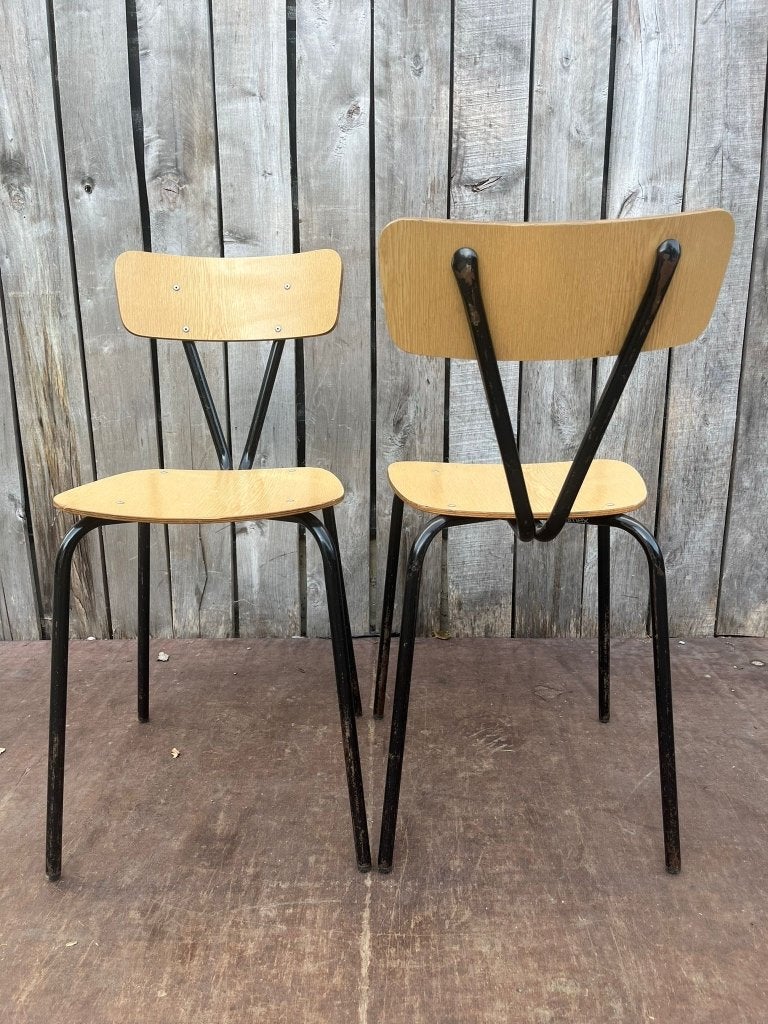 Obumex vintage formica stoelen (40 op voorraad), Maison & Meubles, Bois, Enlèvement ou Envoi, Brun, Cinq, Six Chaises ou plus