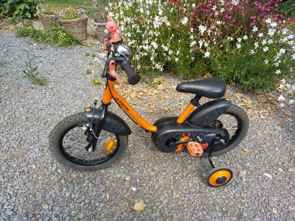 Btwin kinderfiets 14inch met steunwieltjes, Frein sur jante, Stabilisateurs, Enlèvement, Utilisé