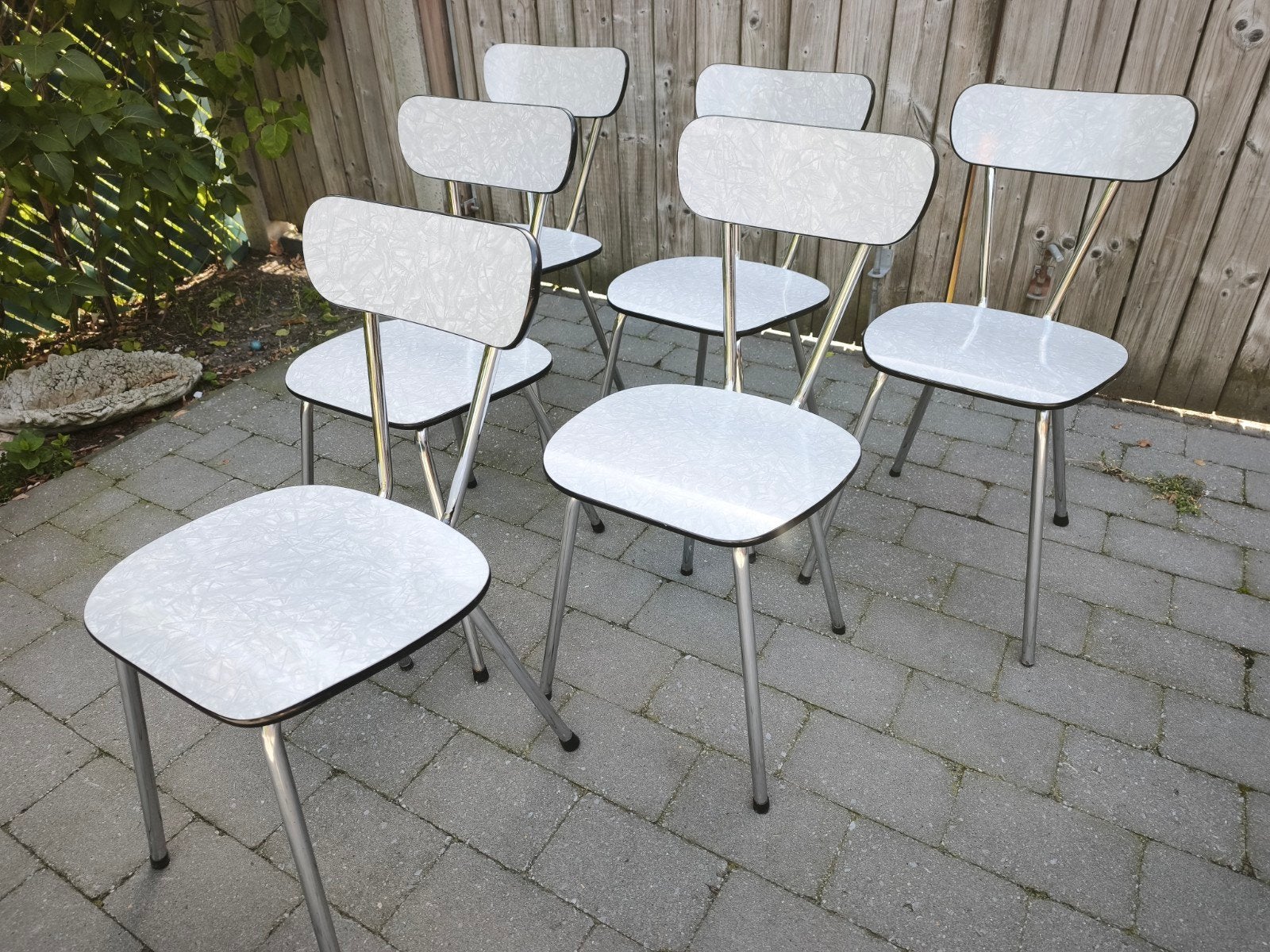 Set van 6 vintage stoelen, wit gevlamd met chromen poten, Ophalen, Overige materialen, Gebruikt, Wit