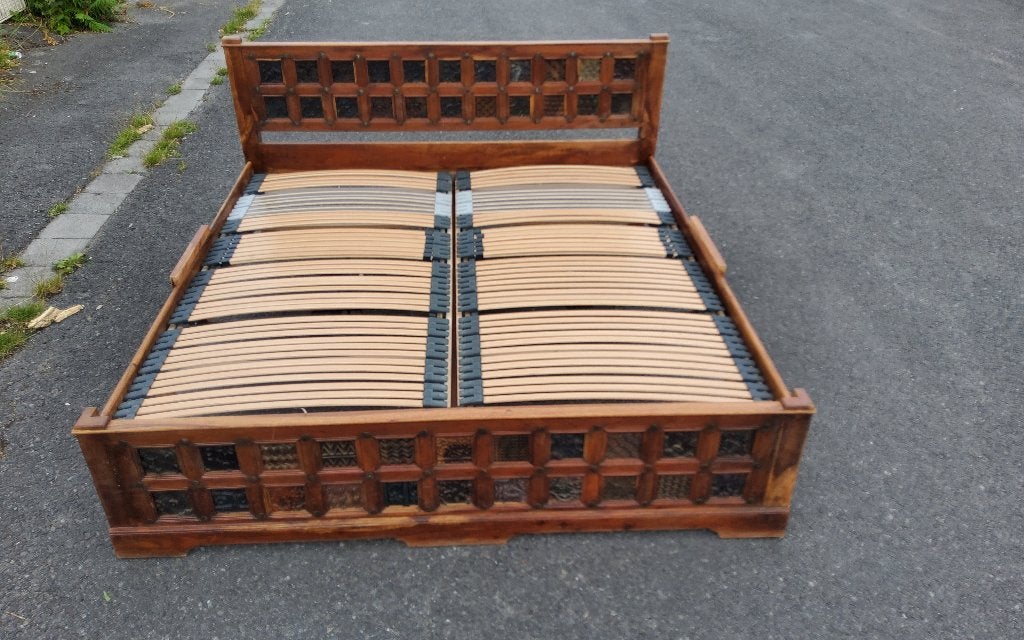 Massief houten aziatisch bed, Ophalen, Aziatisch, Bruin, Tweepersoons