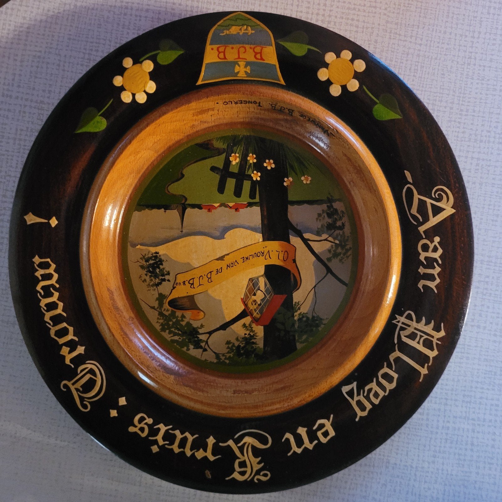 Antieke handgeschilderde houten wandbord, Ophalen
