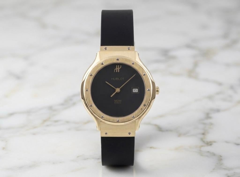 Hublot mdm 32mm 18k goud - full set, Handtassen en Accessoires, Horloges | Heren, Ophalen of Verzenden, Zo goed als nieuw, Goud