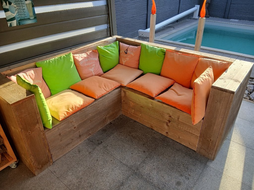 Loungeset, Tuin en Terras, Ophalen, 5 zitplaatsen, Steigerhout, Zo goed als nieuw