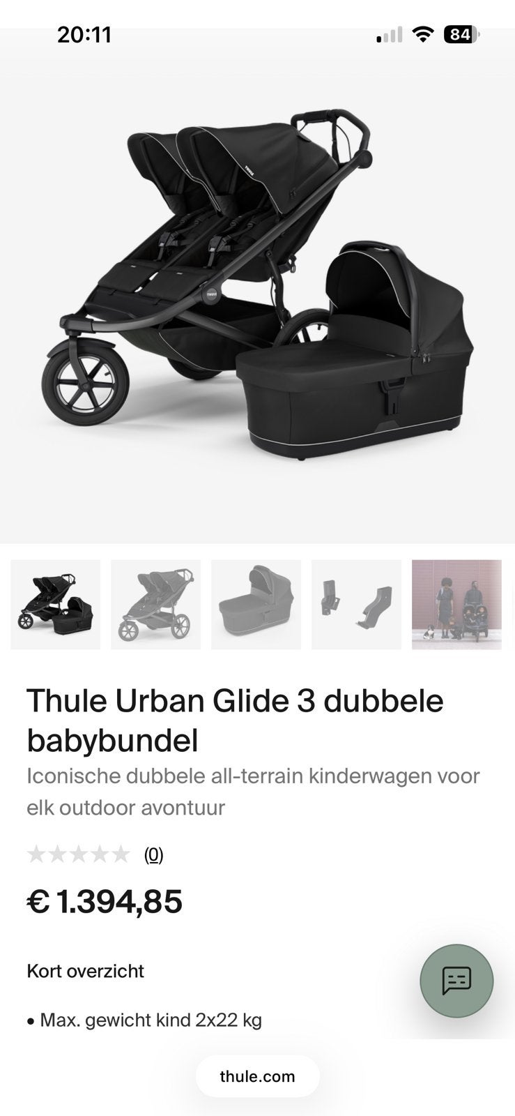 Thule Urban Glide 3 dubbele kinderwagen + accesoires, Kinderen en Baby's, Zo goed als nieuw, Duowagen, Ophalen, Kinderwagen