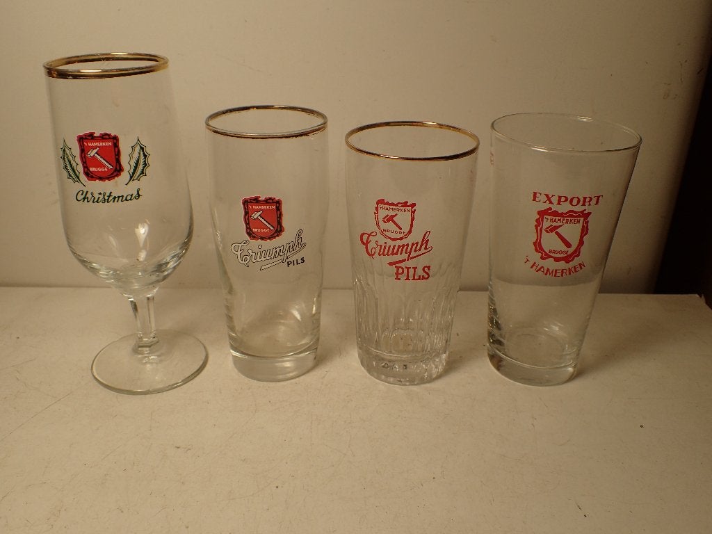 4 oude bierglazen T hamerke Brugge, Enlèvement ou Envoi, Utilisé, Verre ou Verres, Autres marques