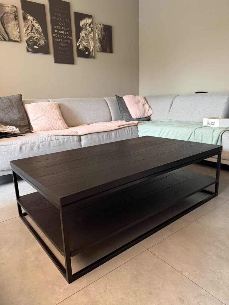 Zwarte salontafel met dubbel blad in massieve eik, Ophalen, Gebruikt, 100 tot 150 cm, Eikenhout