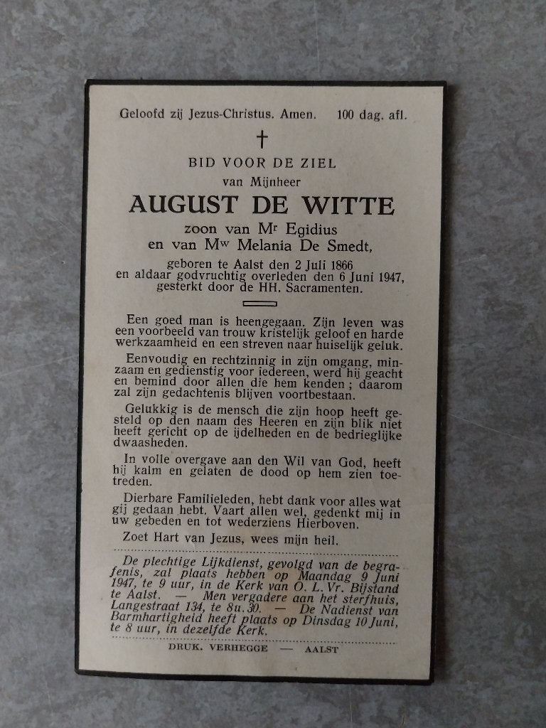 Doodsprentje De Witte De Smedt Aalst 1947, Ophalen of Verzenden, Rouwkaart