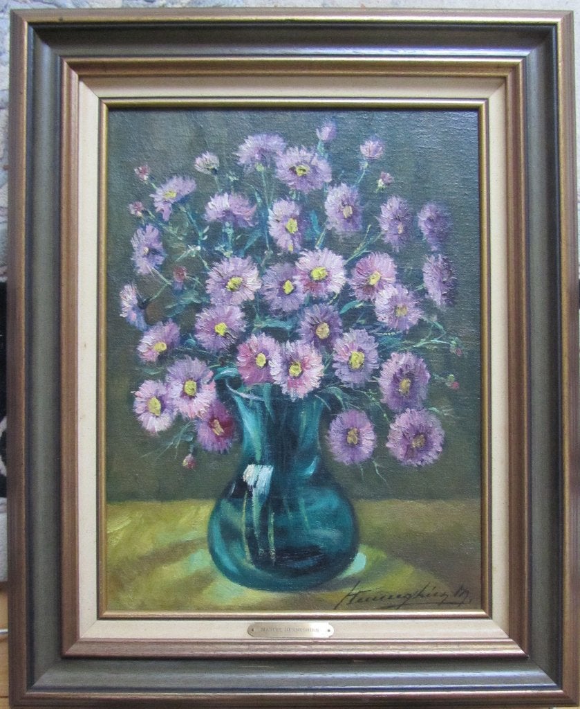 Asters - Hennegrien Marcel, Antiek en Kunst, Bloemen, Doek, Ophalen of Verzenden, Olieverf