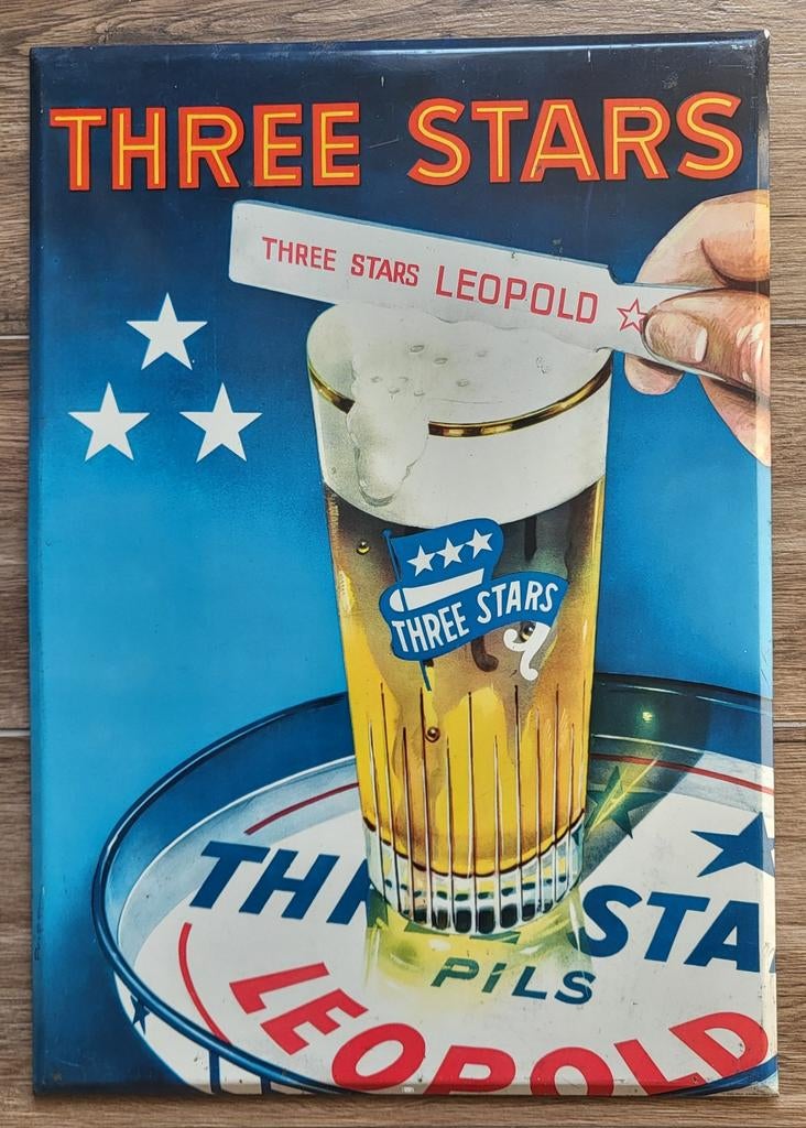 Blikken reclamebord 3 stars Leopold., Verzamelen, Ophalen of Verzenden, Reclamebord